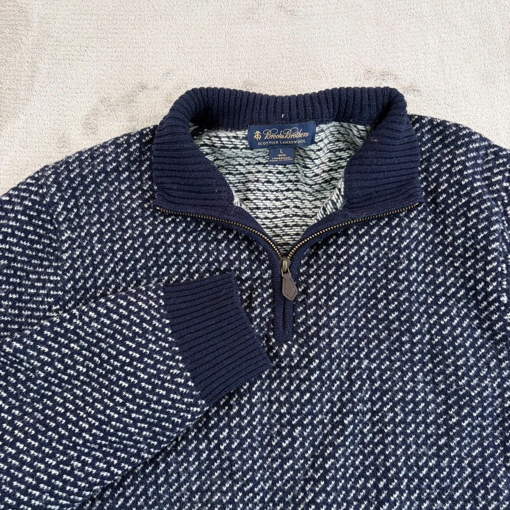 Brooks Brothers 1/4 Zip Pullover Sweater in Navy White Men Large 100% Lambswool